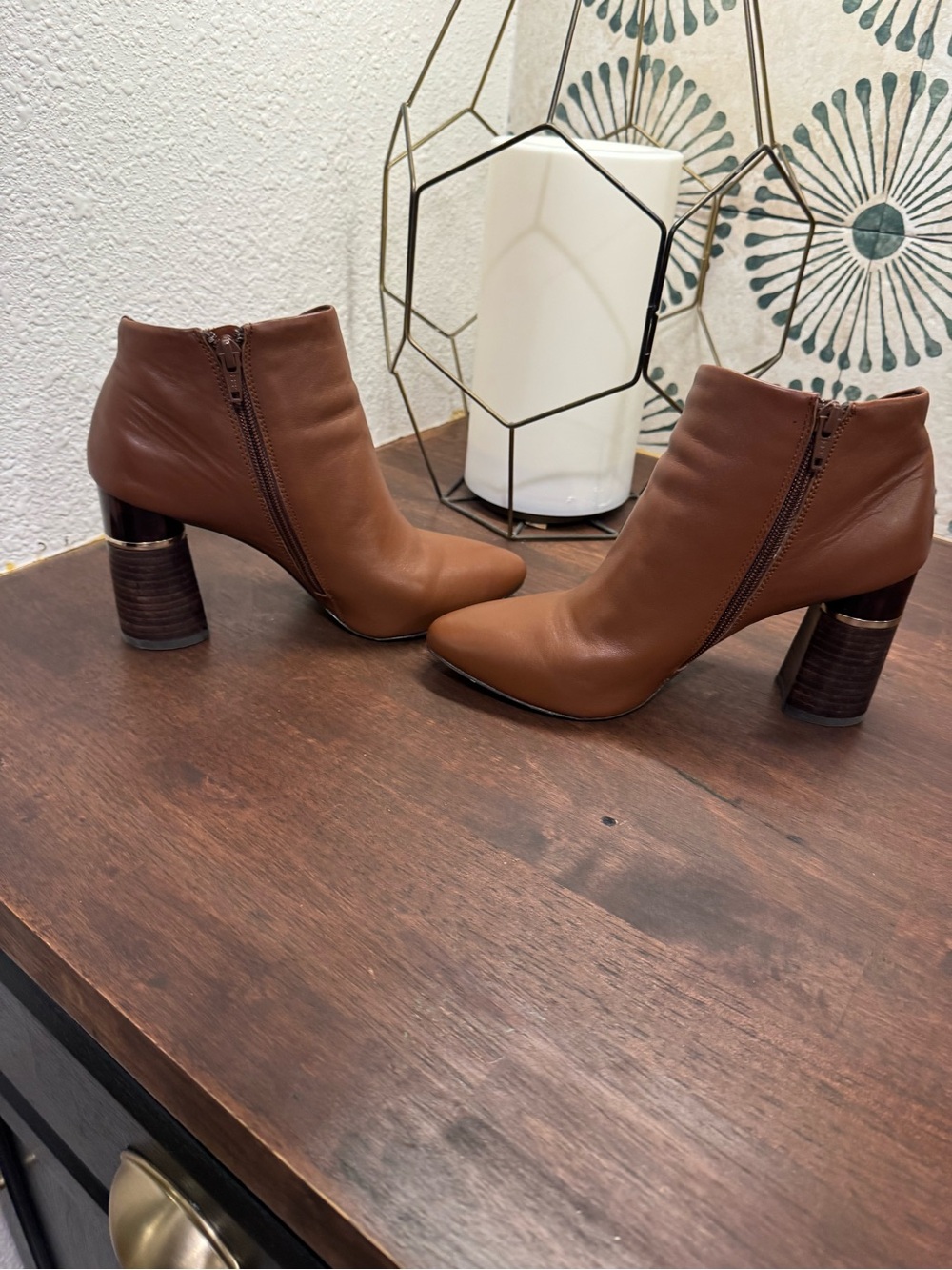 ANTONIO MELANI Cognac Leather Ankle Booties with Stacked Heel